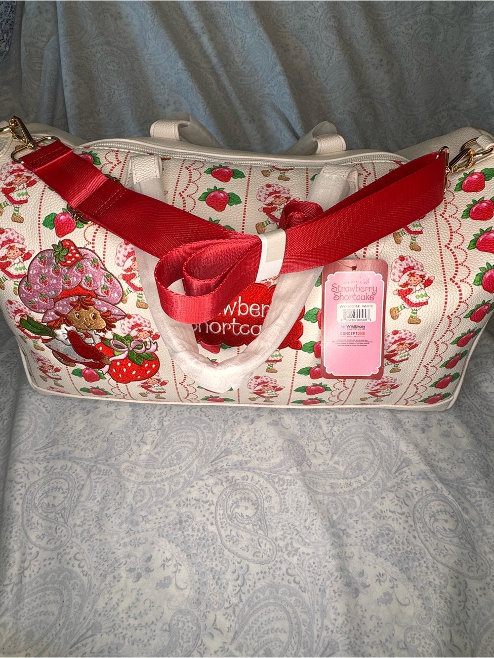 Strawberry Shortcake Pebbled Faux Leather Embroidered Red & Cream Large Duffle - Picture 10 of 14